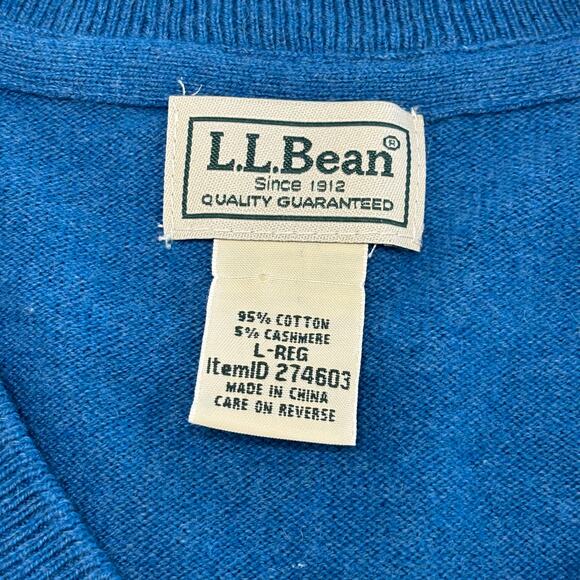 LL Bean Sweater Blue Men L V-Neck Cotton Cashmere Blend Plain Knit Pullover - Picture 4 of 9
